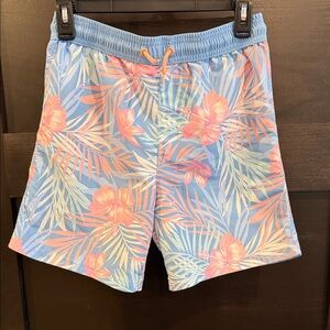 Boy’s Tropical Floral Swim Trunks - Blue and salmon